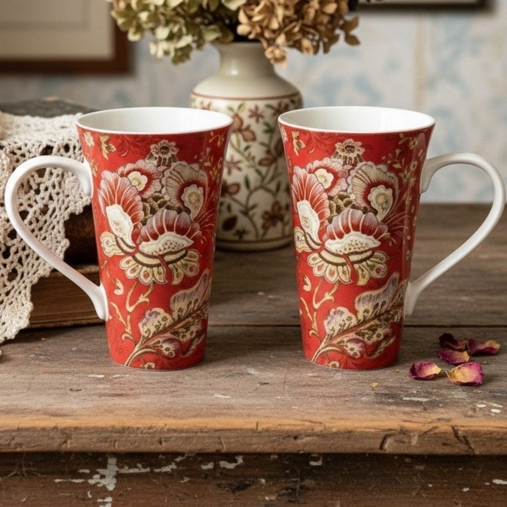 222 Fifth Gabrielle Red Floral Paisley Latte Mugs, Set of 2, Porcelain Drinkware
